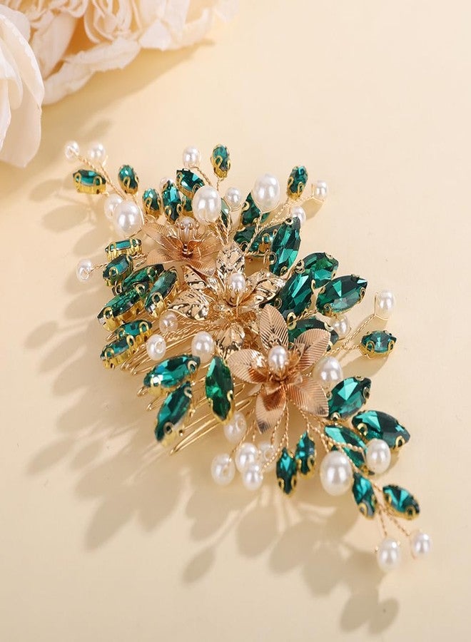 Rumtock Green Rhinestones Beads Hair Piece for Wedding Brides Bridesmaid Pearl Handmade Hair Comb for Women (Green) - Image 5